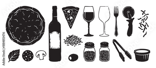 Black and white graphic icon set for a pizzeria, featuring a pizza, wine, ingredients like mushrooms and basil, and utensils in a rustic, hand-drawn woodcut illustration style