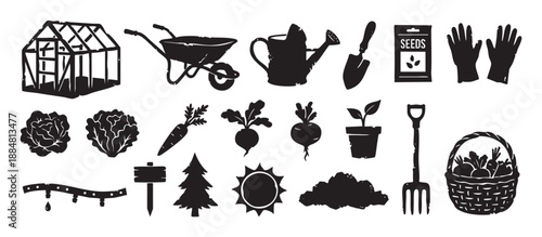 Set of black gardening and farming icons with a distressed, linocut texture featuring a greenhouse, wheelbarrow, vegetables, and various tools