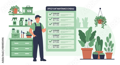 Office Plant Maintenance Schedule with Gardener and Indoor Plants.