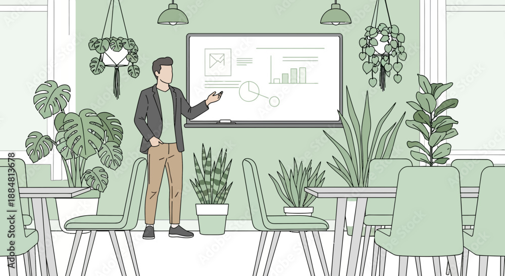 Fototapeta premium Presentation in a Green Office Space with Plants and Modern Design.