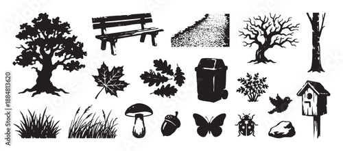 Graphic set of black park and nature themed icons with a tree, bench, trash can, leaves, mushroom, and insects in a rustic stamp or woodcut illustration style