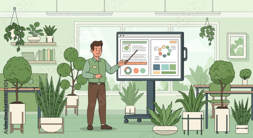 Plant Presentation Man Explaining Data on Screen Surrounded by Plants.