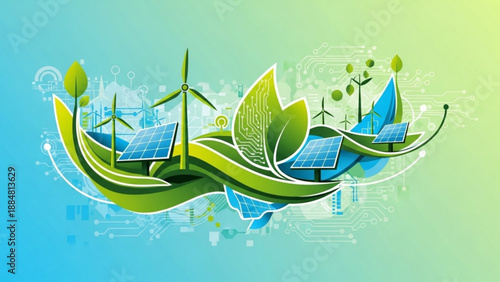 A vibrant illustration of renewable energy sources on a transparent background