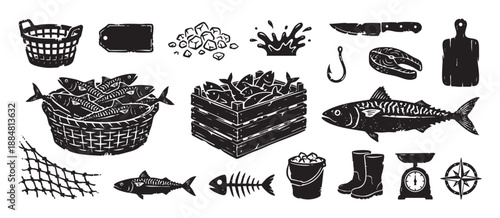 Collection of black and white fishing icons in a rustic woodcut style showing fresh fish, a basket, crate, net, hook, knife, scales, and other nautical elements