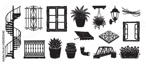 Set of black architectural and decorative elements in a hand-drawn stamp style, including a spiral staircase, ornate window grille, balcony, potted plants, and a truss bridge
