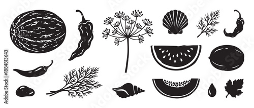 Set of black hand-drawn food icons in a rustic woodcut style, including melon, pepper, dill, and seashells, presented as minimalist graphic elements with a textured stamp effect