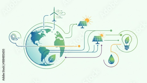 A vector graphic illustration of the Earth with renewable energy sources and sustainable design elements on a transparent background