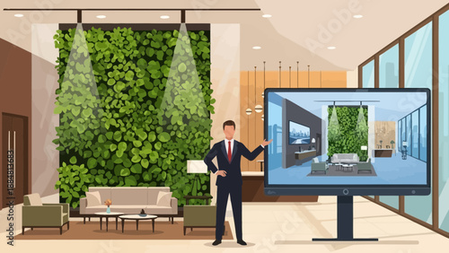 Presentation of Interior Design Project with Living Wall and Modern Technology.