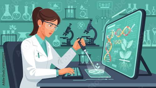 Scientist Analyzing Data in a Lab with Pipette and Computer.