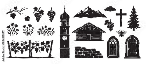 Hand-drawn rustic alpine and vineyard symbols in a black woodcut style featuring a church tower, log cabin, mountains, grapes, and wildflowers in a vintage design