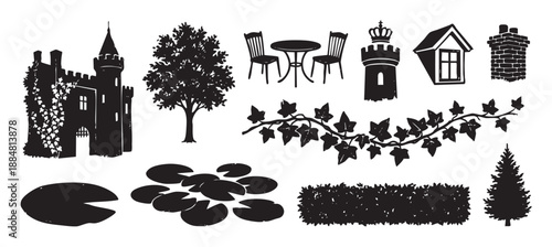 Collection of black linocut style illustrations featuring a castle, trees, ivy, garden furniture, and other fairytale elements in a graphic stamp set
