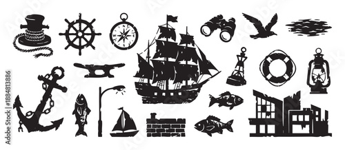 Large set of black maritime silhouettes featuring a sailing ship, anchor, compass, fish, and other nautical elements in a vintage, grunge illustration style