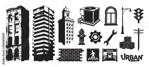 Collection of black urban city icons featuring buildings, a traffic light, a fire hydrant, a subway sign, and other street elements in a graphic grunge vector style illustration