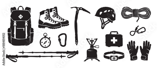 Set of black and white mountaineering and hiking equipment including a backpack, boots, ice axe, and helmet in a rugged, hand-drawn woodcut illustration style