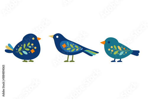 A charming vector illustration in the style of folk art, depicting round, plump birds with orange beaks, green feet and playful tails. 