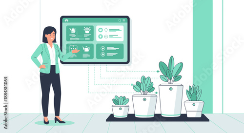 Smart Home Plant Monitoring System Presentation with Woman and Plants.