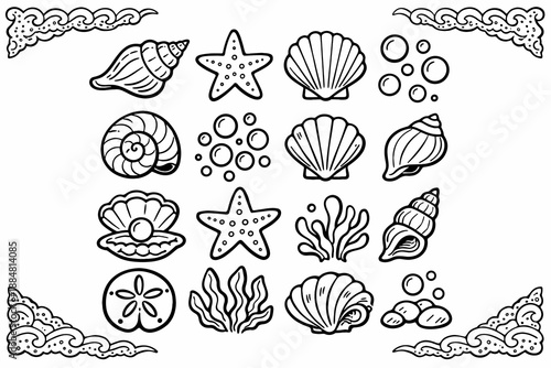 A set of marine elements in line art/colouring book style (black and white outline drawings for colouring or use as clip art).