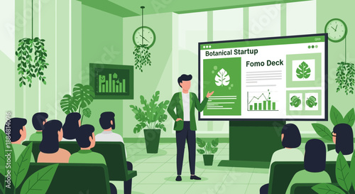 Startup Pitch Presentation Man Presenting Business Deck to Audience.