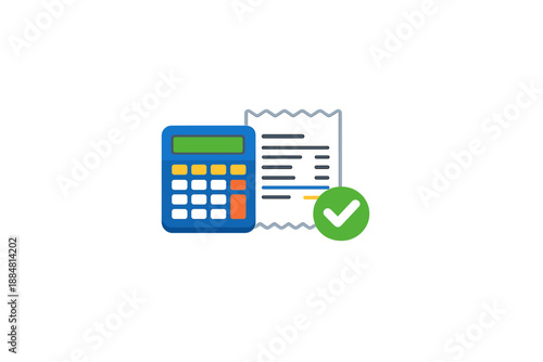 Invoice payment confirmation and expense calculation concept illustration with calculator, receipt and approval check mark