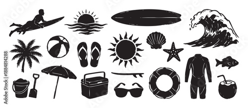 Set of black summer beach icons in a hand-drawn linocut style, featuring a surfer, wave, palm tree, and other vacation and surfing equipment elements for a tropical theme