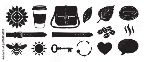 Collection of various black hand-drawn icons in a grunge stamp style, featuring a coffee cup, pixelated sunflower, bee, key, heart, and other lifestyle symbols