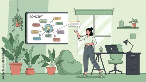 Woman Presenting Concept Diagram in Home Office with Plants and Natural Light.