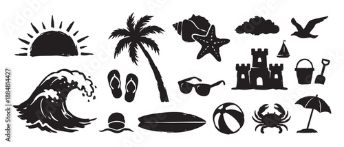 Set of black grunge style summer vacation icons featuring a palm tree, sun, wave, sandcastle, crab, and surfboard in a hand drawn illustration