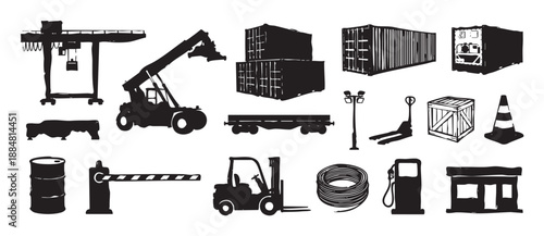 Collection of black industrial logistics icons showing a crane, forklift, container, and other warehouse equipment in a hand-drawn vector silhouette style for supply chain concepts
