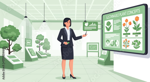 Woman Presenting Plant Information on Digital Display in Botanical Garden.