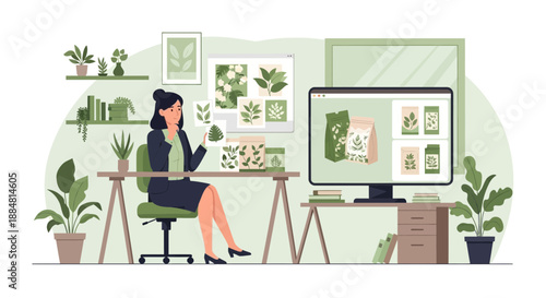 Woman working at desk with plants and computer screen.