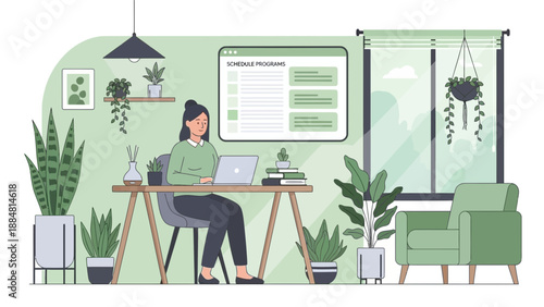 Woman working from home surrounded by plants in a green room.