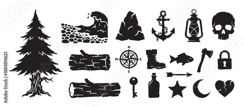 Large collection of black silhouette icons for adventure, camping, and nautical themes in a rustic woodcut style, including a tree, skull, anchor, compass, and axe