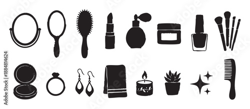 Black silhouette icon set of cosmetic and beauty products like lipstick, mirror, brush, and perfume in a simple hand-drawn style for self-care and spa themes