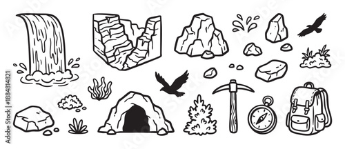 Set of hand-drawn hiking and nature exploration icons in a simple black and white doodle style, featuring a waterfall, canyon, cave, backpack, compass, and pickaxe elements