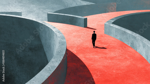 Businessman walking alone at a crossroads inside a maze with contrasting paths representing decision making and strategic choices in a conceptual setting