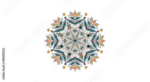 Colorful symmetrical floral mandala design element on white background.