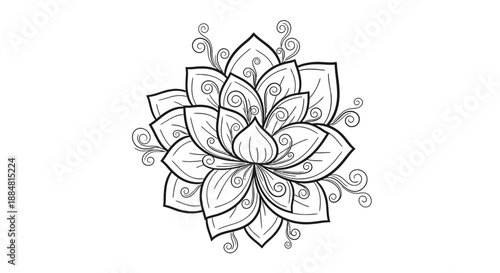 Black and white floral illustration with intricate patterns and swirls.