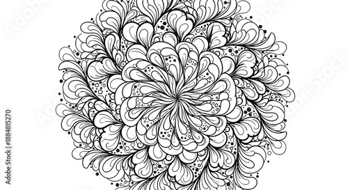 Intricate black and white floral mandala design with swirling patterns.