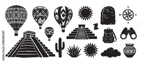 Set of black travel and adventure icons with a distressed texture, featuring an ancient pyramid, patterned hot air balloons, a compass rose, backpack, and cactus silhouettes