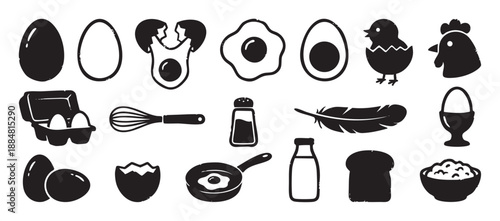 Set of black breakfast and egg icons including a chicken, chick, frying pan, whisk, and toast, illustrated in a simple, graphic, and rustic stamp style