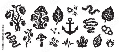Diverse set of black linocut icons featuring nature, mystical, and abstract symbols like mushrooms, raspberries, crystals, and an anchor in a graphic, hand-carved stamp style