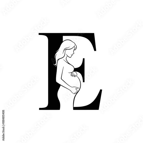 Pregnant woman illustration inside letter E silhouette.