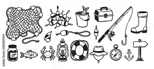 Collection of hand-drawn fishing and nautical icons including a net, rod, tackle box, and anchor in a black and white doodle style illustration set for hobby and leisure concepts