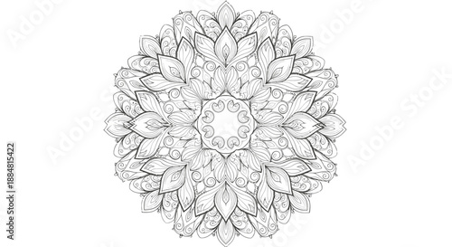 Intricate black and white mandala design with floral patterns.