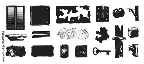 Collection of black grunge style architectural elements including a key, shutter, hinge, and doorknob in a distressed, hand-drawn vector illustration set for design