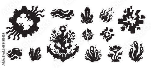 Set of black grunge fantasy icons featuring a skull anchor, pixelated gear, magic crystal, and other abstract symbols in a distressed, stamped vector illustration style