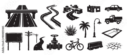 Collection of black road and city icons featuring a highway, car, truck, bicycle, palm tree, and other urban elements in a hand-drawn stencil style illustration set