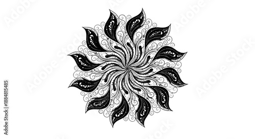 Intricate black and white floral mandala design with swirling patterns.
