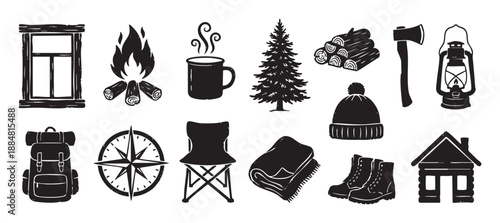 Collection of black hand-drawn camping icons including a campfire, axe, lantern, and backpack in a rustic woodcut style for outdoor adventure and hiking themes