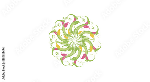 Vibrant floral pattern with swirling green and colorful accents.